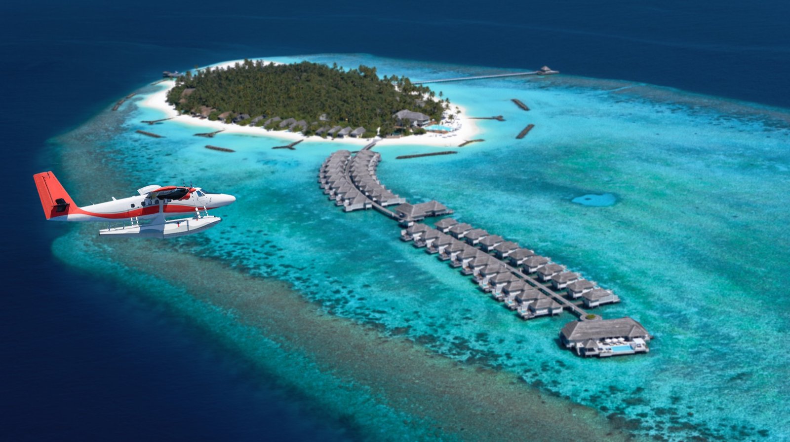 Baglioni Resort Maldives island aerial with seaplane and overwater villas